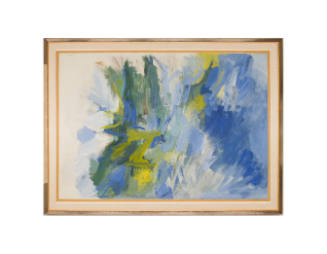 Abstract painting with static white, blue, yellow and green smudges