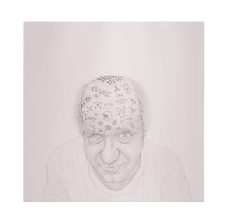 Grey sketch of a person with popular brands names on their bald head