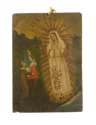 Painted card of an angelic person  with two people gazing up at them