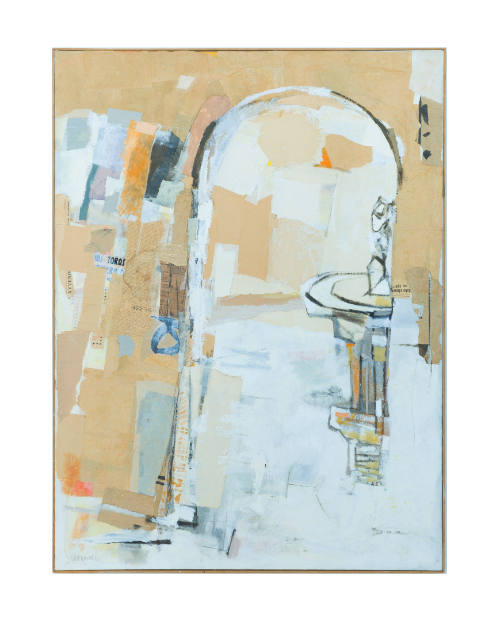 Neutral abstract painting of slanted archway with half of a fountain and a statue visible insid…