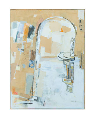 Neutral abstract painting of slanted archway with half of a fountain and a statue visible insid…
