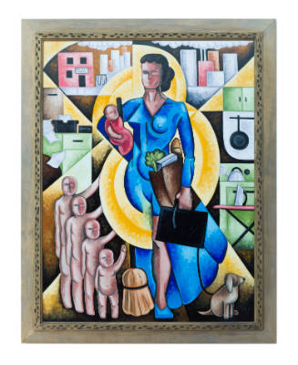 Abstract painting of a person holding a baby and a brief case surrounded by domestic and urban …