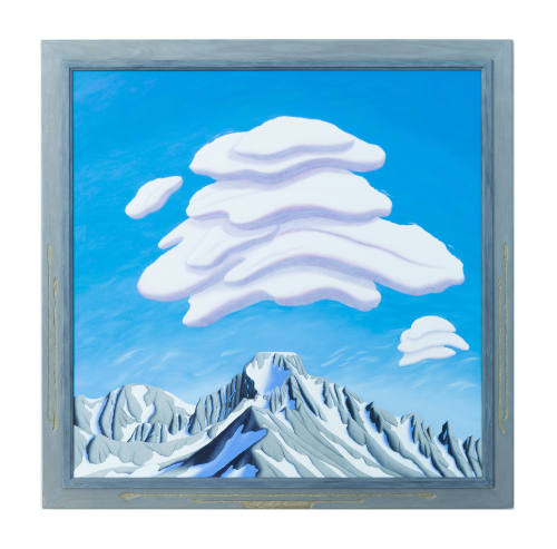 Painting of a snowy, rigid mountain range with three thick white clouds above it
