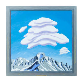 Painting of a snowy, rigid mountain range with three thick white clouds above it