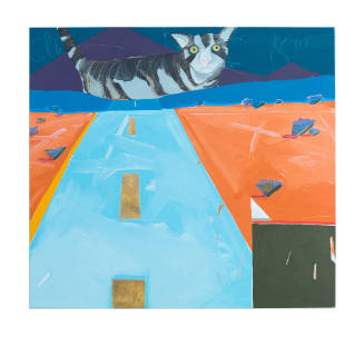 Blue road through an orange dessert, leading to a giant house-cat blocking it 