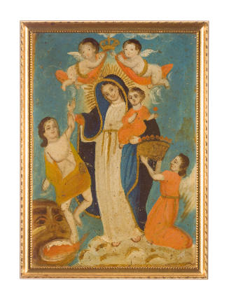 Person holding a baby surrounded by angels and a monster-like figure in the corner