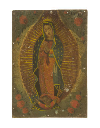 Faded image of a person praying carried by a small person surrounded by floral designs