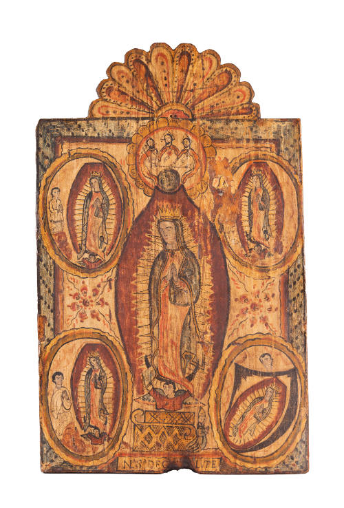 Wooden panel painting of a person praying surrounded by various images of the same person
