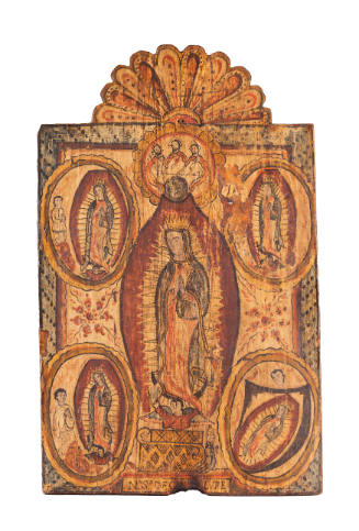 Wooden panel painting of a person praying surrounded by various images of the same person