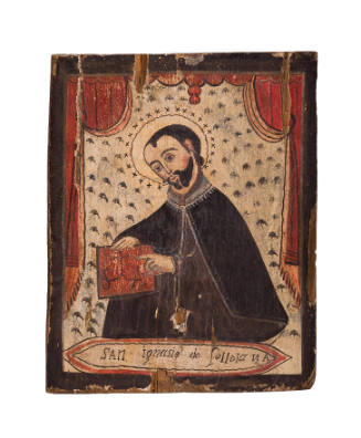 Portrait on wood of a saint pointing to a book with the title written at the bottom of the pane…