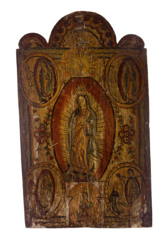 Wooden panel painting of a crowned person at surrounded by various images of the same person