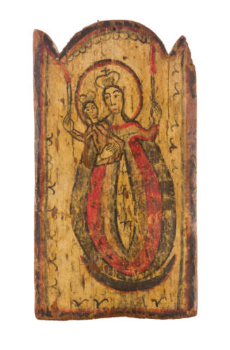 Faded painting of a person in a crown holding a baby, on a wooden plank
