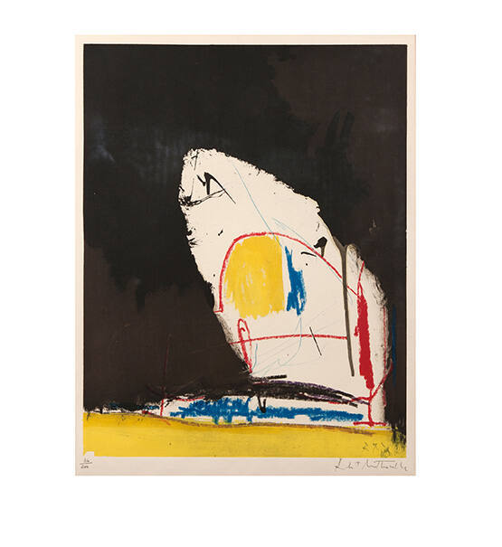 Print of an oblong shape with marks of primary colors resting on a yellow stripe with a black b…