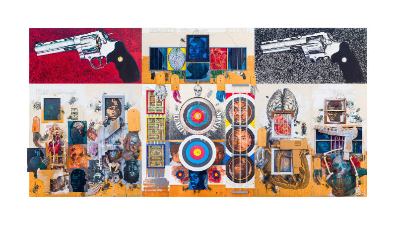 Multi-piece collage with guns, targets, people, flies, and body parts strewn together