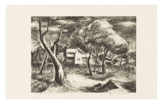 black and white sketch of bare and leafy trees in front of a house