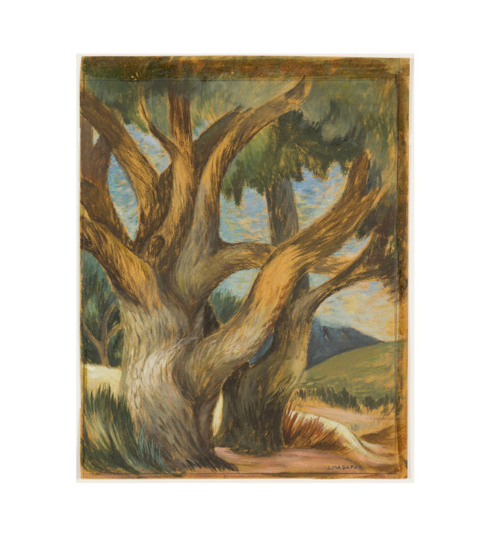 Painting of two curvy trees along a path with a field and forest in the background