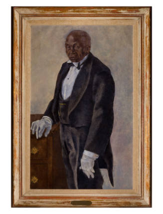 Portrait of Black man standing, wearing a formal jacket with white gloves.