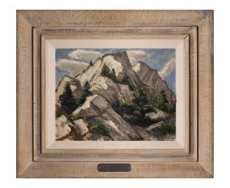 A painting of tall, gray rock structures with trees growing in between them
