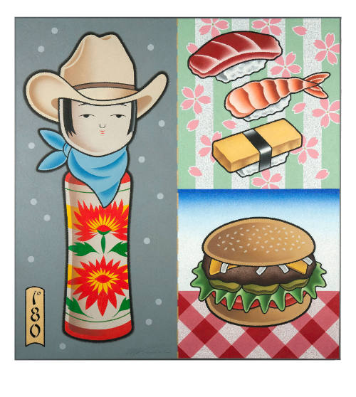 Figure wearing a cowboy hat on one half, with sushi and a hamburger on the other