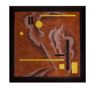Painting of yellow and black shapes over two abstract white face silhouettes on a rust-colored …
