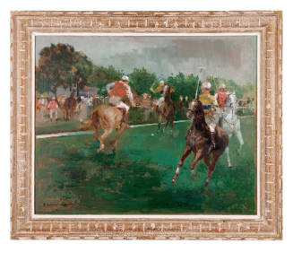 four people on horseback playing polo in front of a crowd