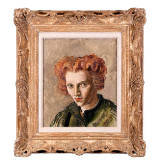 Portrait of a person with curly red hair wearing green and looking to the right.