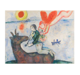 Dreamy painting of a person playing the violin and sitting on a horned animal while an orange a…
