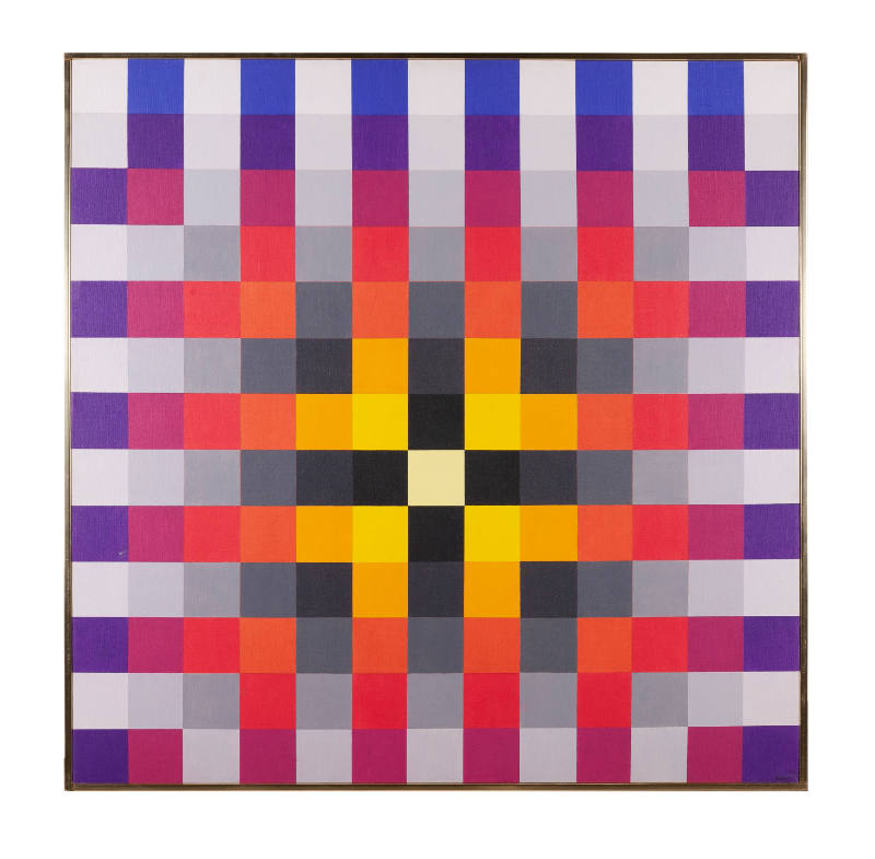 Painting of checkered squares with opposing gradients of black and white and colors moving from…