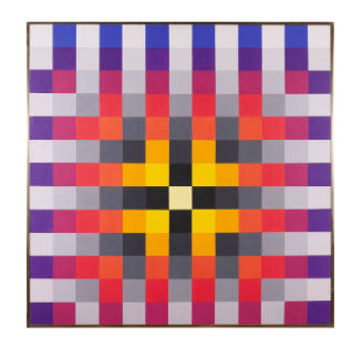 Painting of checkered squares with opposing gradients of black and white and colors moving from…