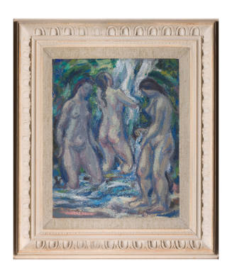 Three nude people bathing in a waterfall surrounded by a deep green background