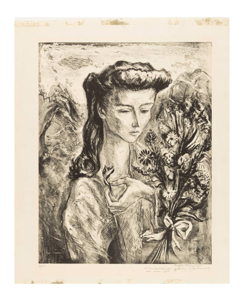 Sketch of a person looking down towards a bouquet and holding a flower
