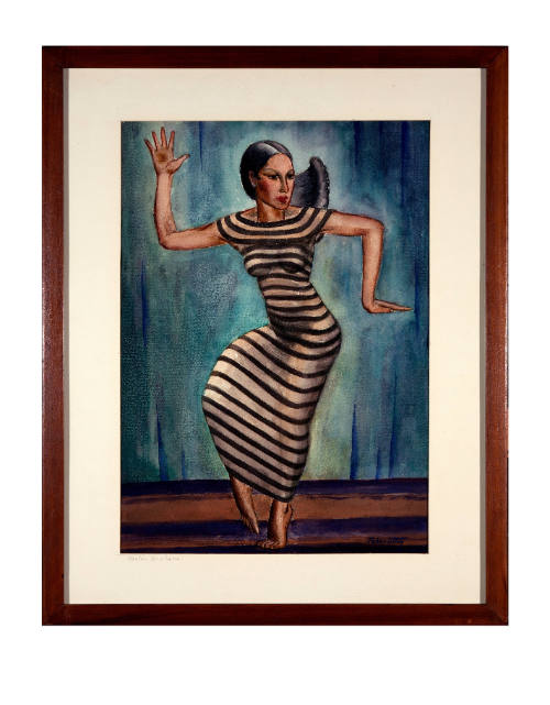 Portrait of Martha Graham wearing striped dress dancing in front of a blue background.