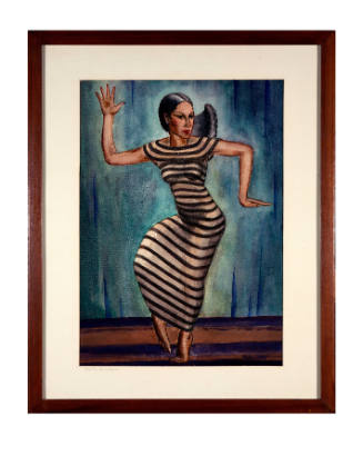 Portrait of Martha Graham wearing striped dress dancing in front of a blue background.