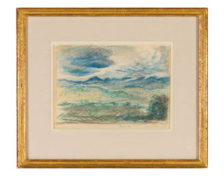 cool and neutral sketch of a blue cloudy sky and a green valley

