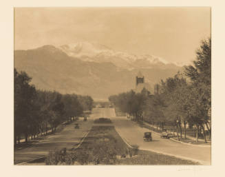 Greyscale photograph taken from the median between parallel streets lined with trees, leading t…