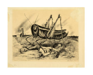 Black ink print on yellowed paper of a giant grasshopper stepping on a face-down farmer in a fi…