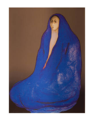 Person covered in a blue cloak that shrouds their figure, glancing at the viewer