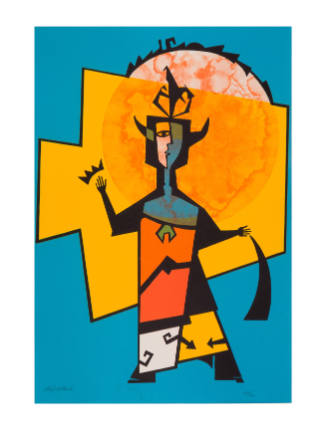 Blocky, abstract figure standing before a yellow cubical shape in front of an orange, marbled c…