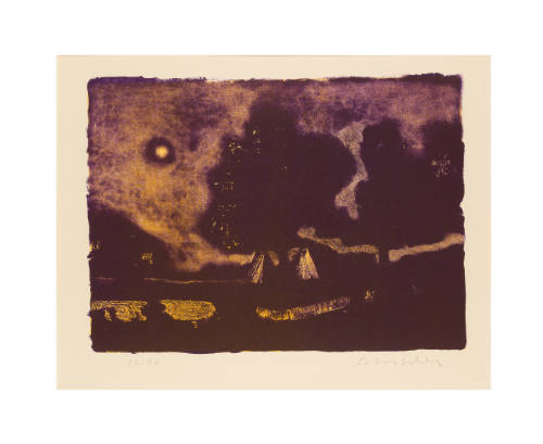 Dark-colored print of a campsite at night