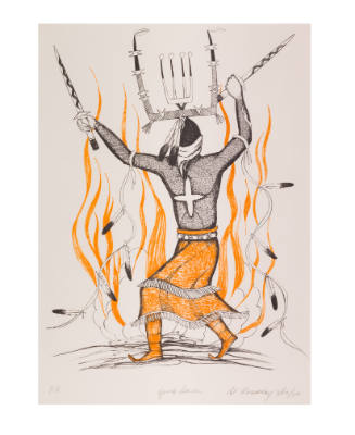 Print of an Indigenous adult dancing in front of a fire, wearing an orange garment and boots, h…