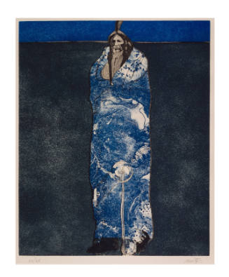 Person bundled in a blue, marble-patterned blanket and standing in a bare landscape 