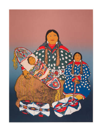 Colorful portrait of a large person holding a baby and small child on their knee
