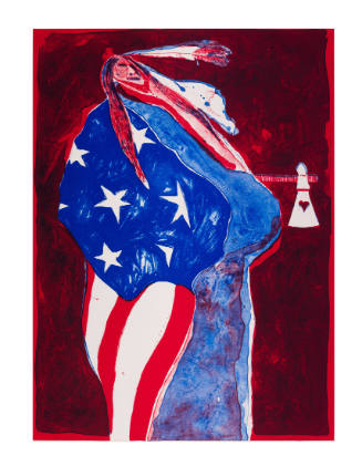 Person with feathers on their head, cloaked in an American flag and holding an axe
