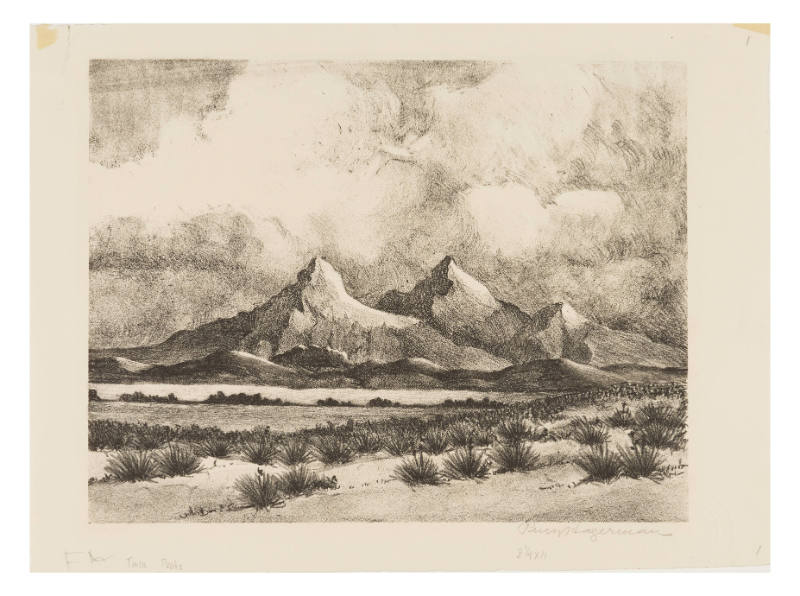 Sketch of rigid mountains with three peaks behind a dessert valley with fluffy clouds in the sk…