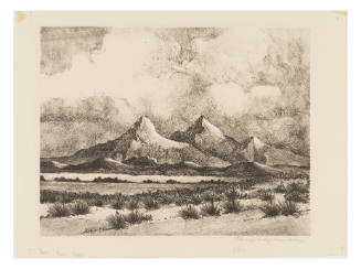 Sketch of rigid mountains with three peaks behind a dessert valley with fluffy clouds in the sk…