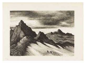  black and white sketch of mountain range with two climbers in the foreground