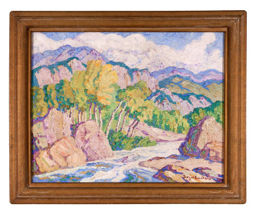 Bright painting of a stream flowing through rocks with trees and mountains to the left
