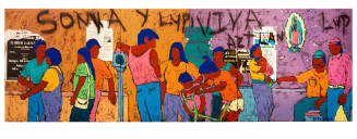 Colorful panel of red, faceless people hanging around a wall with posters and graffiti