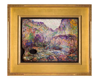 rainbow colored painting of trees with water flowing between them and hole on bottom left corne…