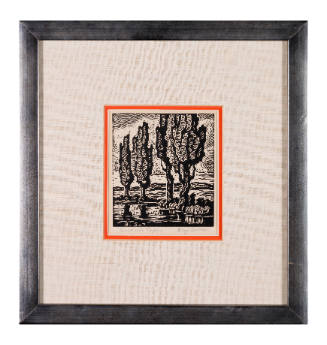 Black and white block print of trees in a wavy landscape with a red border

